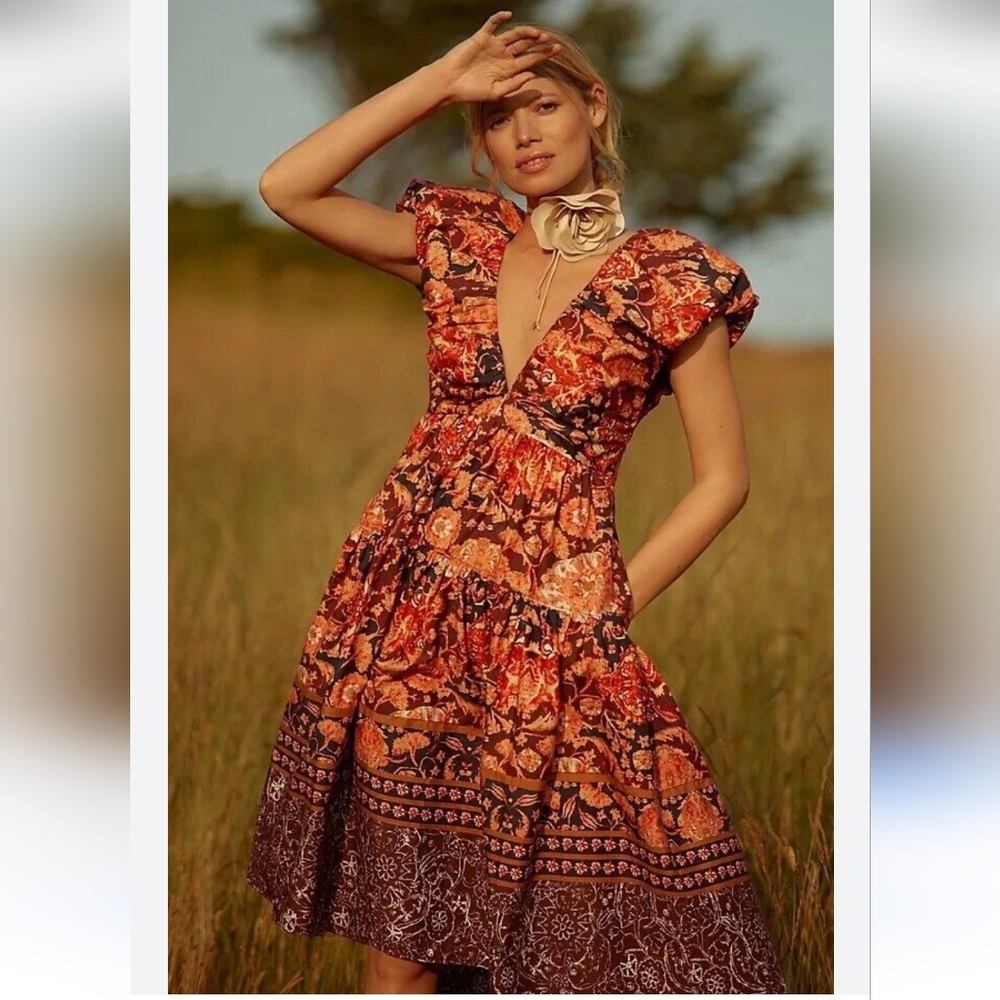 NWT Anthropologie Printed V-Neck Babydoll Dress in Red Motif